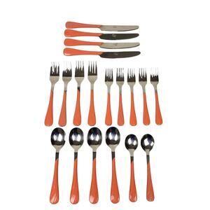 Vintage 90s Fiesta Swirl Flatware Silverware 19 Piece Set Stainless Orange